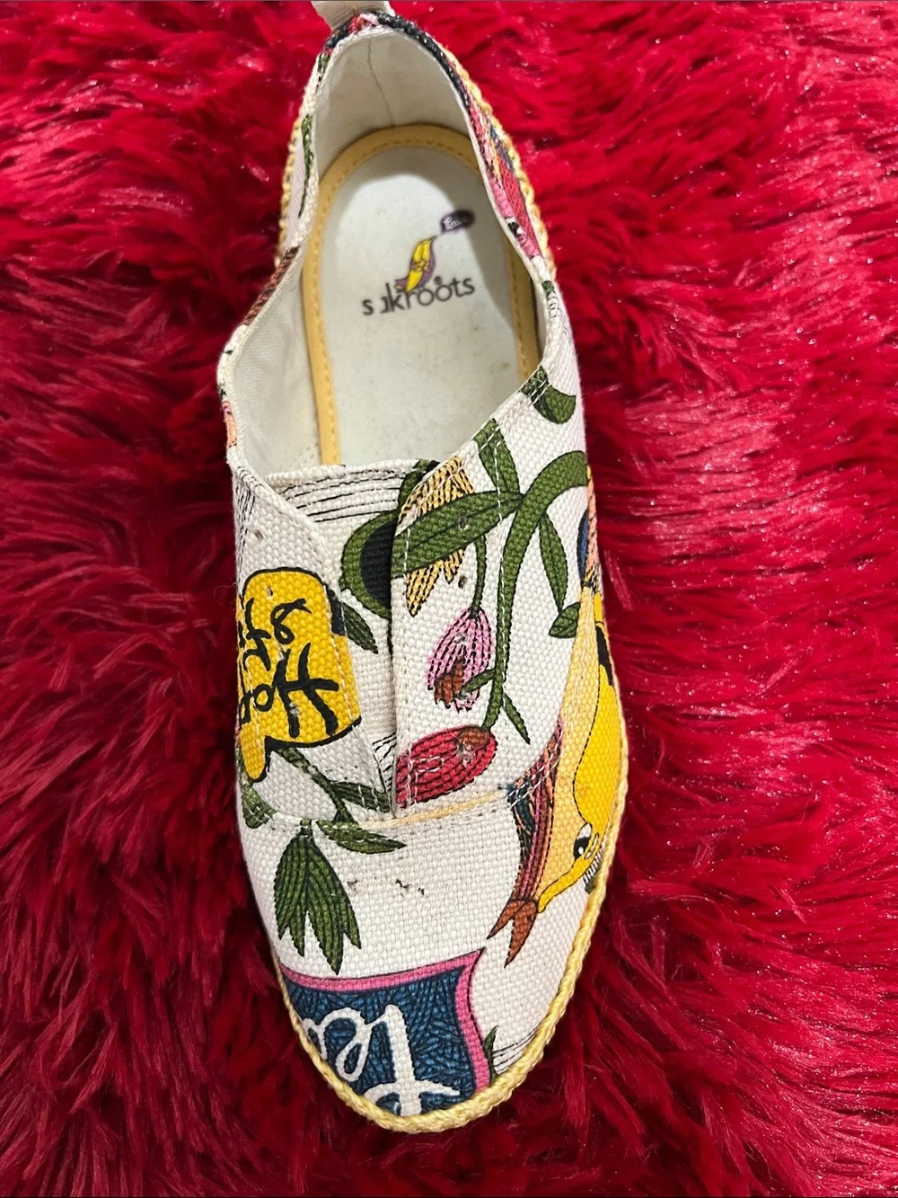 Sakroots  girls  Floral & Bird Canvaso Slip-On Espadrille - White/Yellow. Size 2